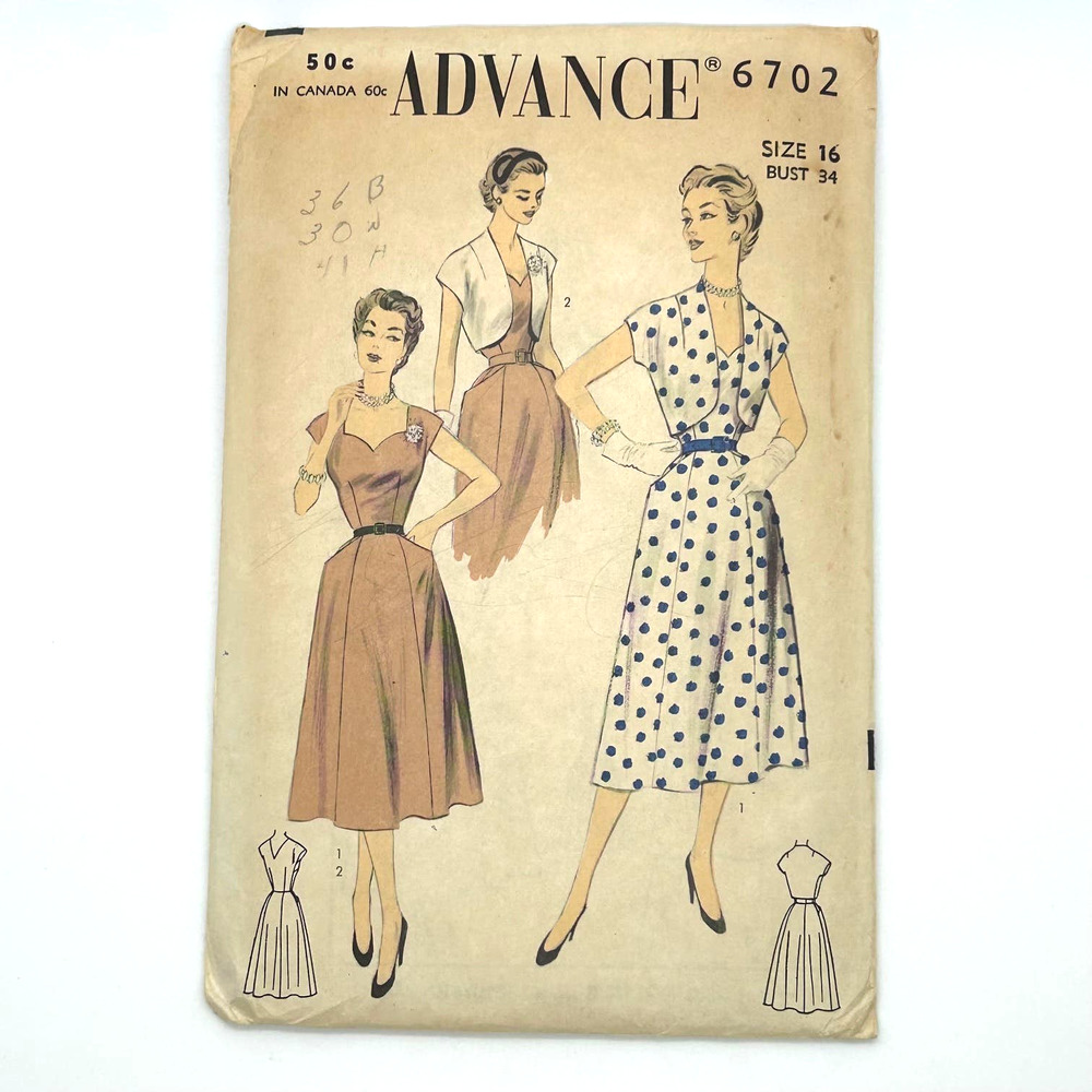 Advance Vintage 1950's Pattern #6702 Misses Sun Dress And Bolero Size 16